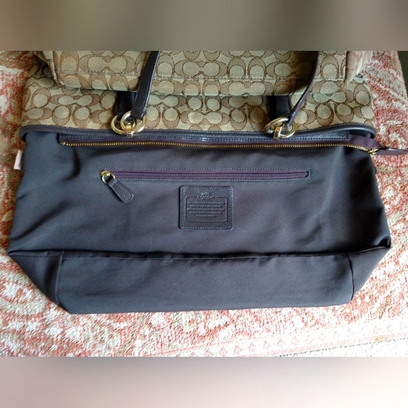 AUTHENTIC COACH SIGNATURE JACQUARD HANDBAG TAN & BROWN LEATHER TRIM MED SATCHEL - Picture 5 of 10